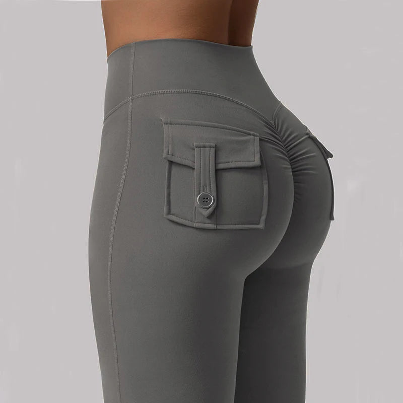 Summer Women's Cargo Pocket Fitness Tights - High-Waisted Stretch Butt Lift Yoga Running Pants